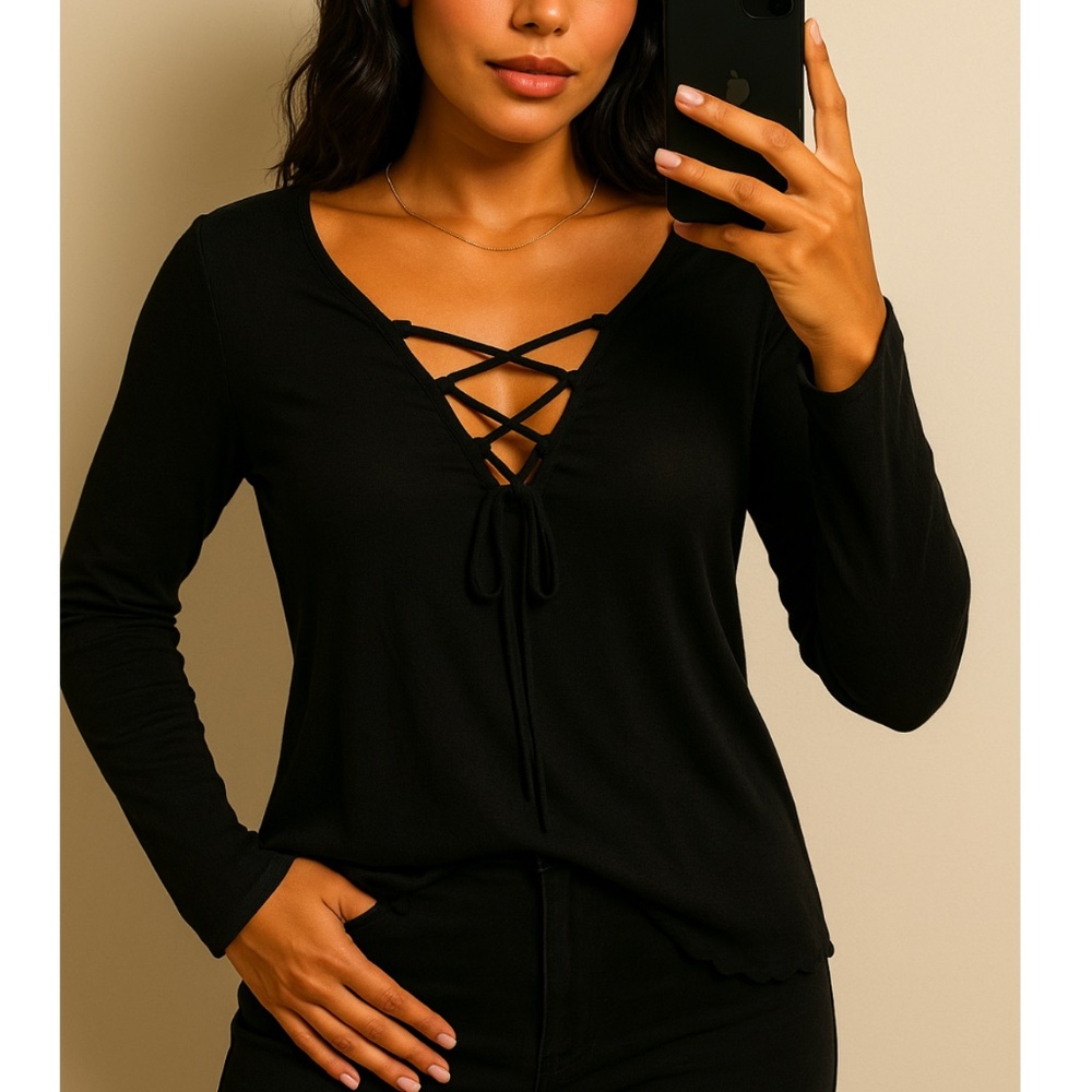 Black Lace-Up Front Long Sleeve Top Size Small
